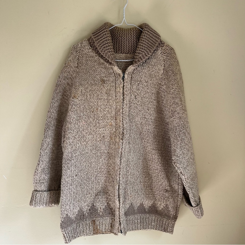 Vintage Hand Knit Cowichan Style Heavy Wool Cardigan Zip Sweater Tan Brown *READ